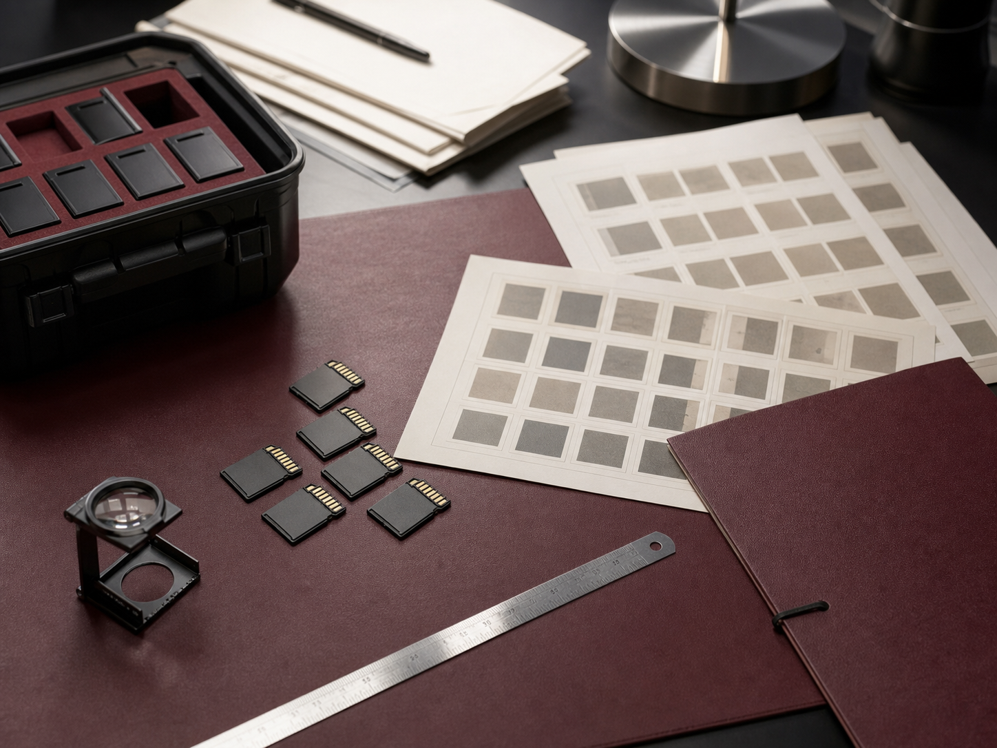 Rushes, cartes mémoire et feuilles de repérage organisés sur une table