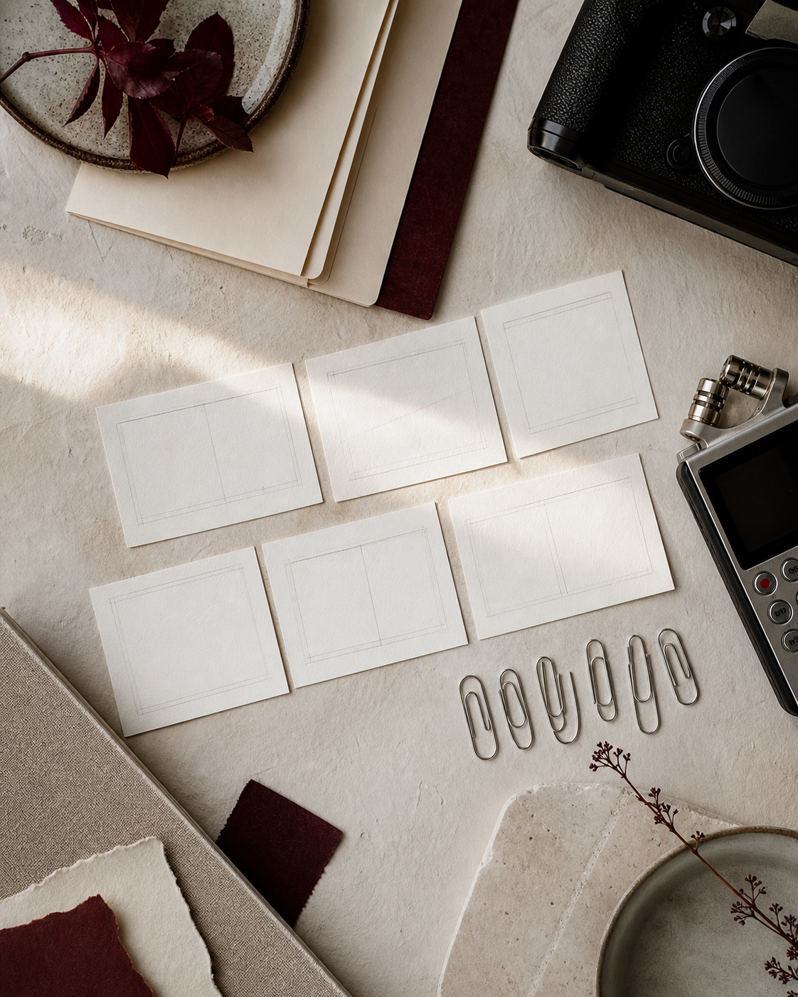 Cartes de formats vidéo et matériel de préparation sur une table claire