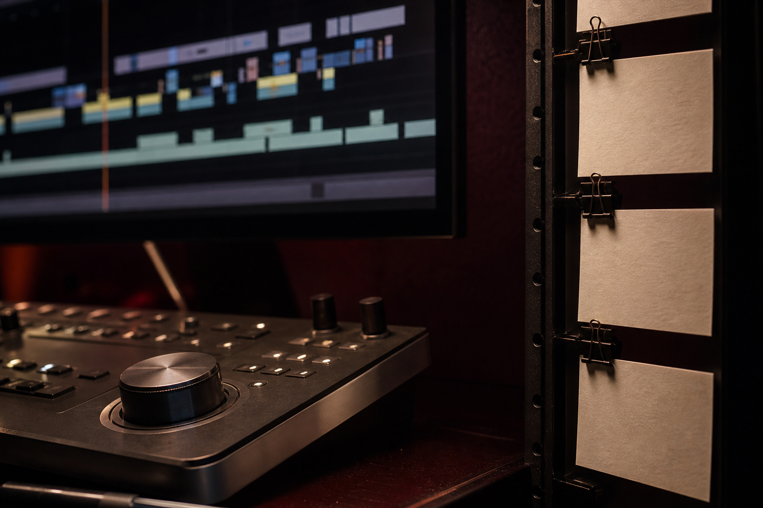Console de montage et repères de chapitres dans une ambiance sombre et élégante