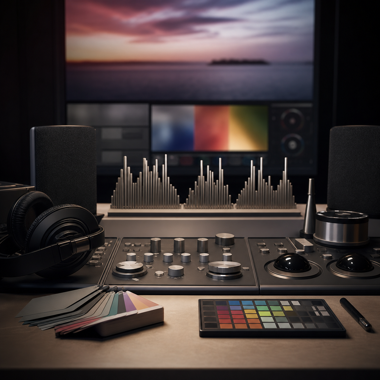 Table de finition sonore et colorimétrique avec cartes neutres et matériel audio