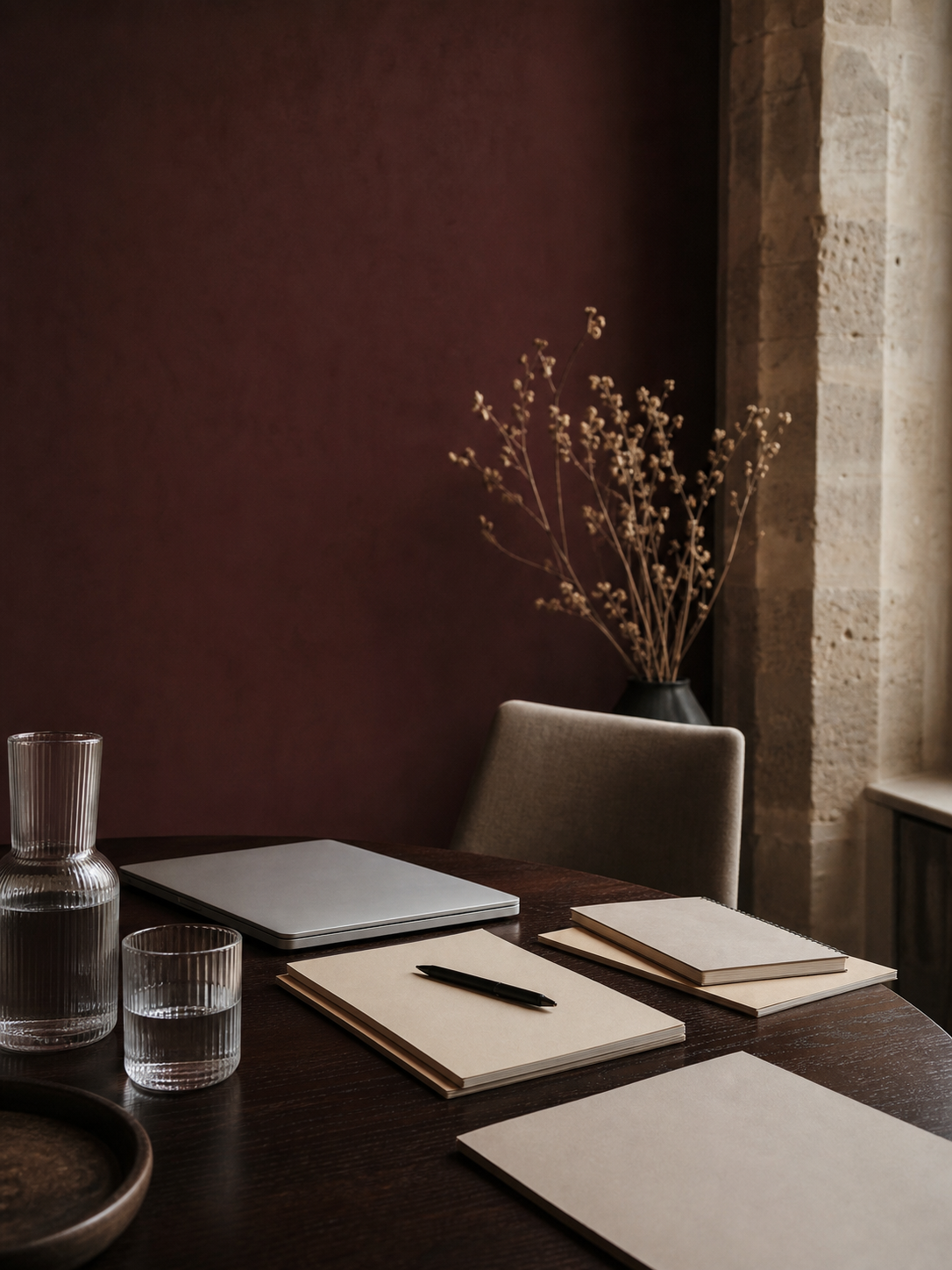 Table de rendez-vous préparée avec carnet et ordinateur fermé dans une ambiance sobre